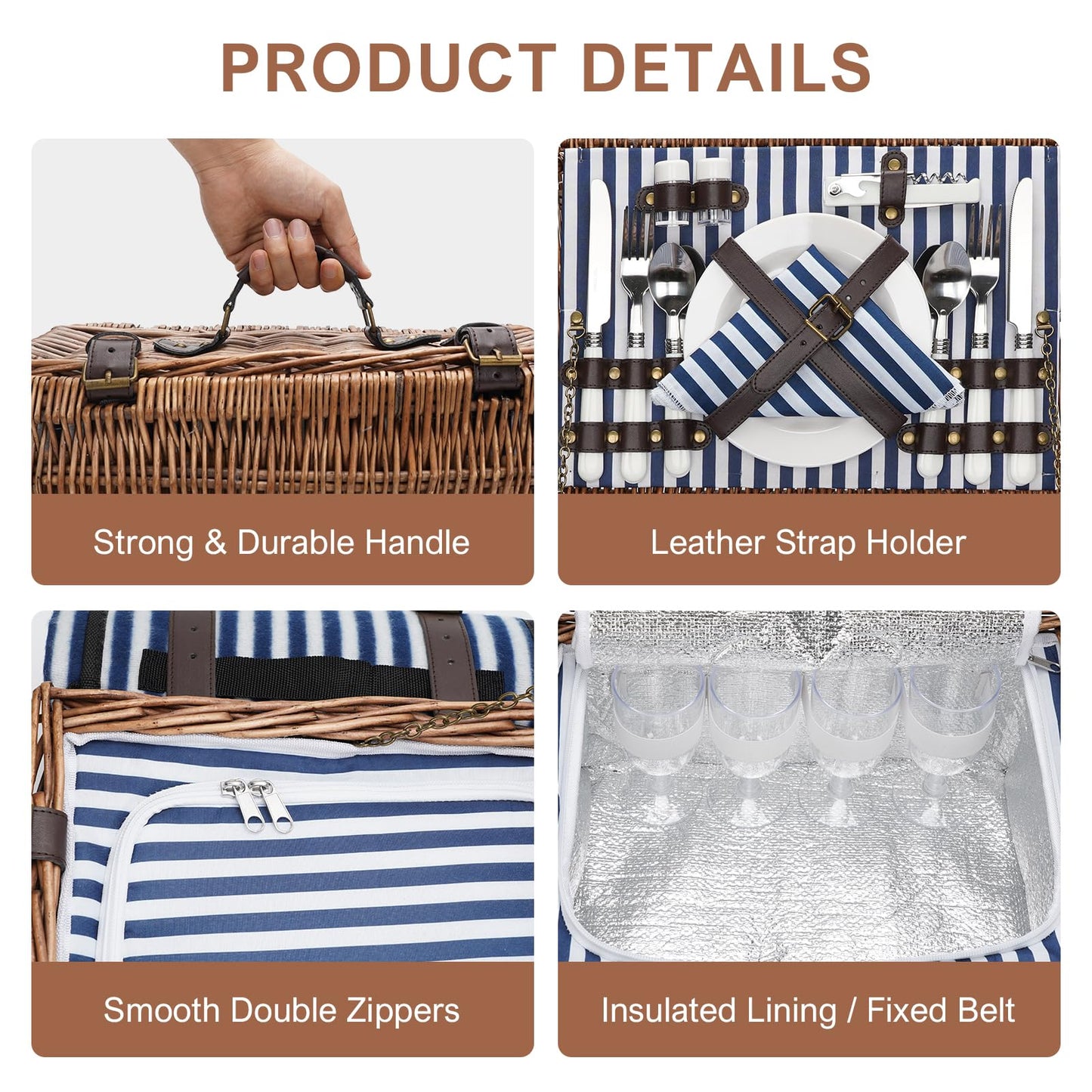 Picnic Basket for 4 Persons - Baskets with Cooler and Picnic Blanket, Classical Wicker Picnic Basket with Waterproof & Sand-Proof Beach Mat,Willow Hamper Service Gift Set