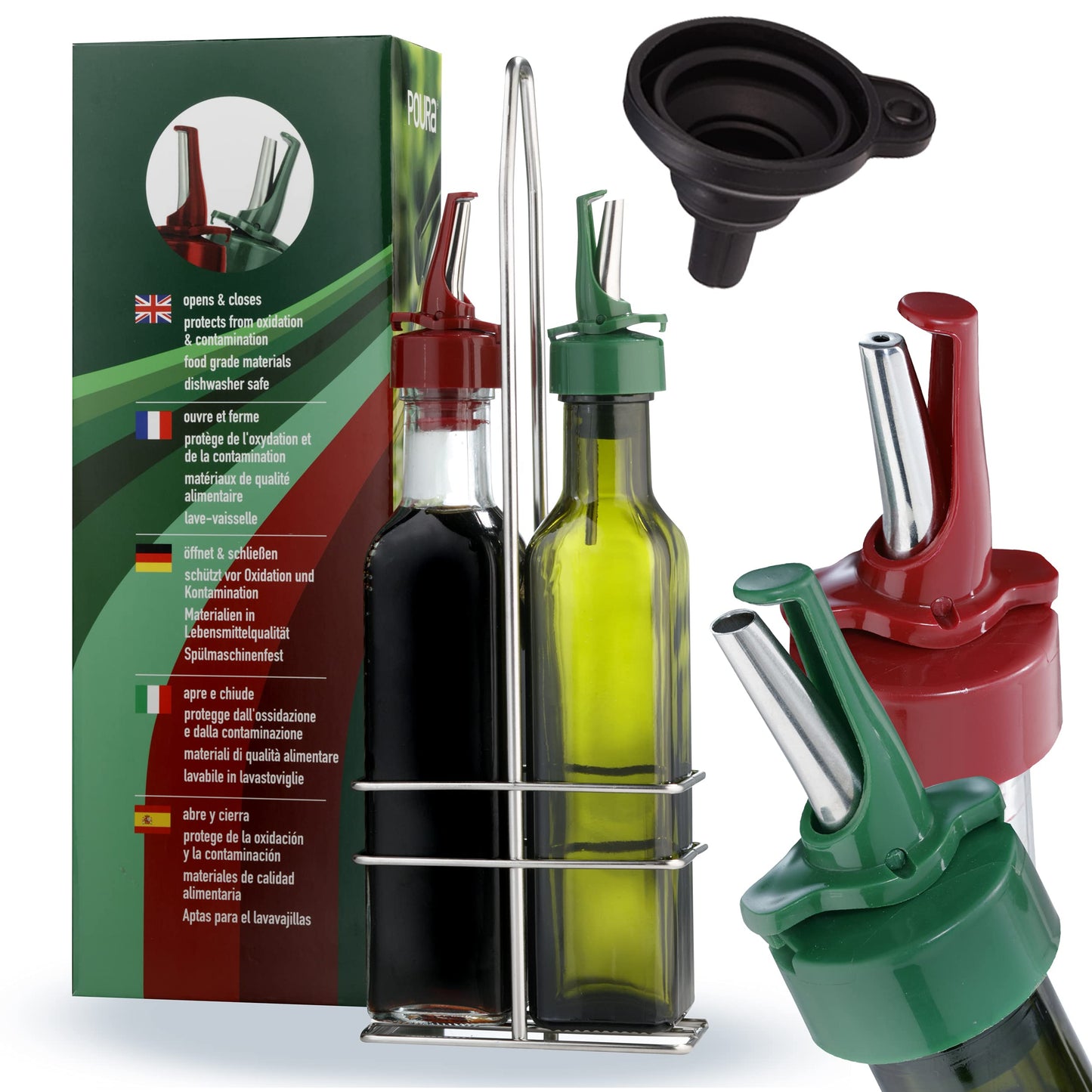 Poura Vinegar and Olive Oil Bottle Drizzler Set with ClickSeal BPA Free Pour Spouts | Glass Oil & Vinegar Dispenser Bottles for Cooking & Dining | Hygienic Covers + Silicone Decanter Funnel 500ml