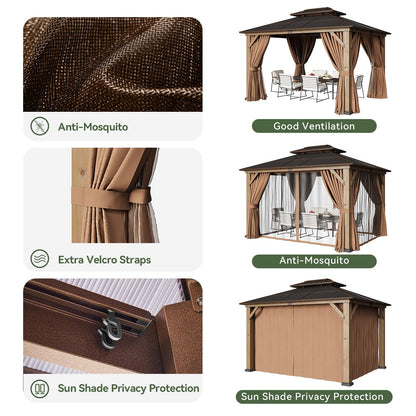 Aoxun 10' x 12' Outdoor Wood Gazebo with Double Polycarbonate Top, Hardtop Gazebo Permanent Wooden Pavilion with Breathable Netting and Privacy Curtain for Patio, Garden, Deck, Cedar Wood, Natural