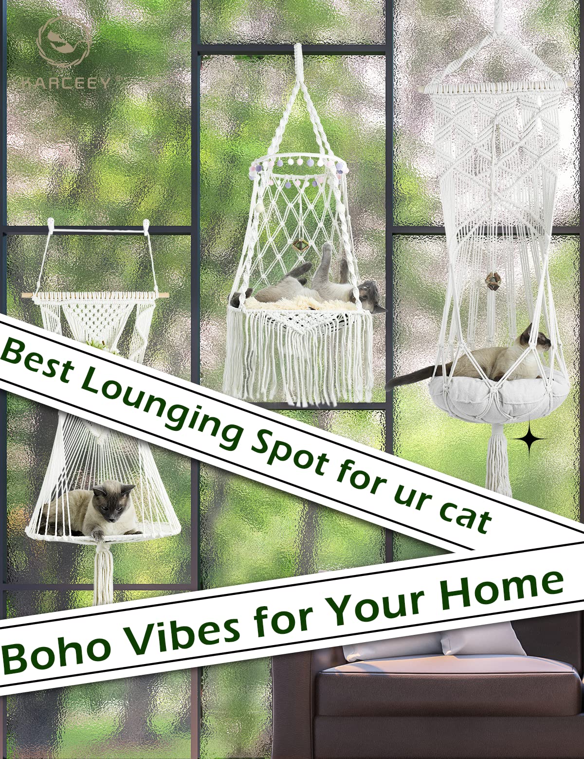 KARCEEY Macrame Cat Hammock Hanging Bed - Boho Wall Swing with Catnip Cushion for Wall Climber & Window Perch - Hardware Kit Included