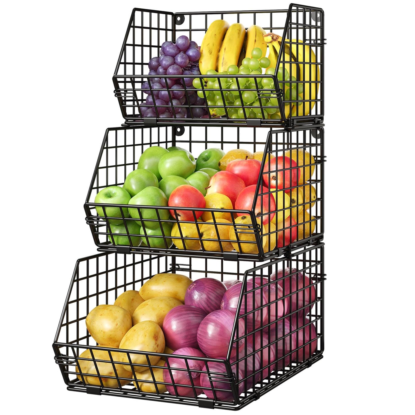 X-cosrack Stackable Wire Baskets for Counter, Fruit and Vegetable Storage, Potato and Onion Storage Bin，Kitchen Pantry Organizer - Wall Basket for Produce/Snack/Can, 3-tier Large, Black