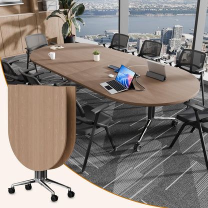 8 FT Large Folding Conference Table, Oval Training Seminar Tables for 8-10 People,Built-in Wireless Charger and Power Box,Metal Legs Rolling Training Table for Office (1, Walnut, 94.5"L×47.2"W×29.5"H)