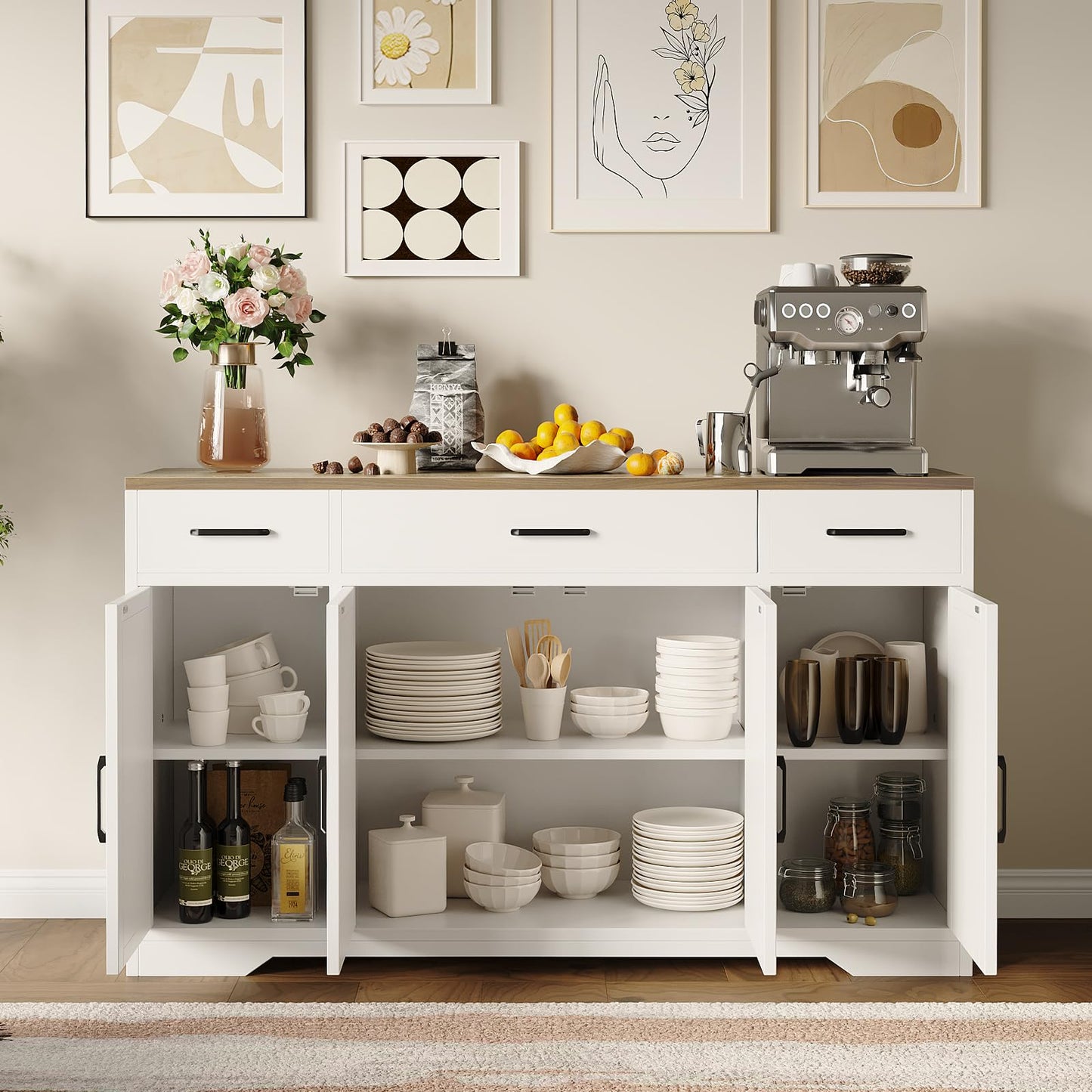 GAOMON Buffet Cabinet with Drawers, 55inch Wood Coffee Bar Large Sideboard Buffet Storage Cabinet with Shelves and Doors for Kitchen Dining Living Room,White/Rustic