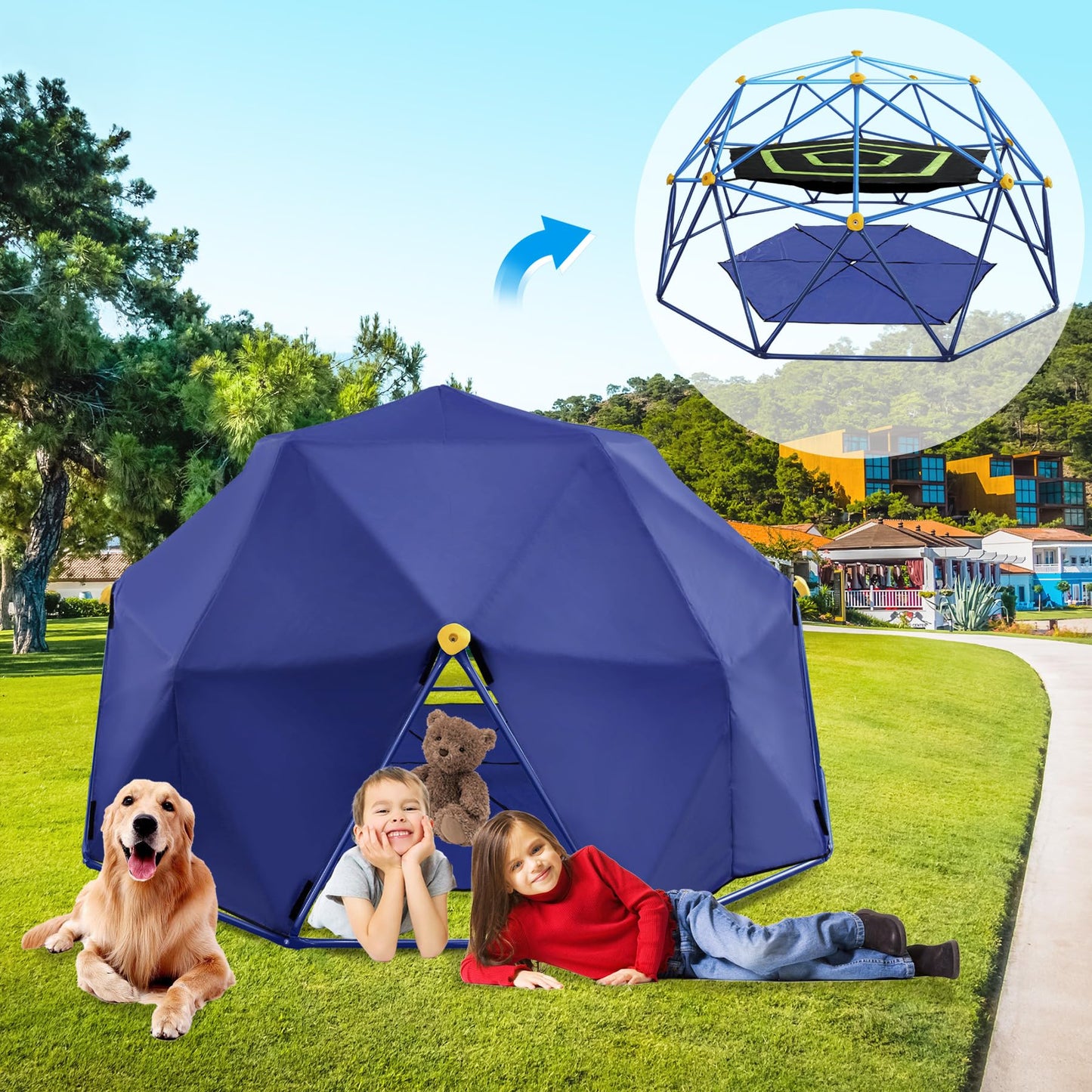 YuAnWe 10 FT Climbing Dome with Canopy and Hammock, Anti-Rust and UV-Resistant Dome Climber with 800LBS Load Capacity, Suitable for Outdoor Indoor Jungle Gym