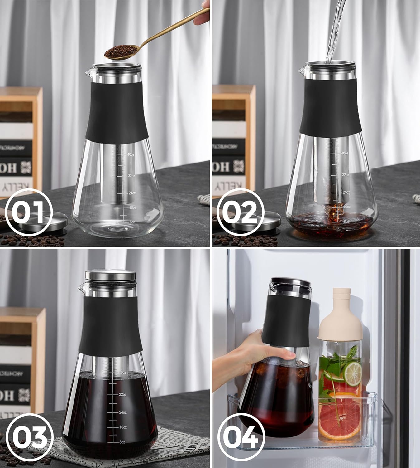 AGOGO Cold Brew Iced Coffee Maker with Metal Filters, Silicone Non-slip Grip Carafe 1600ml