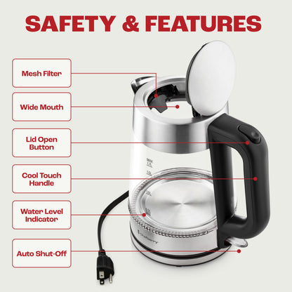 Electric Kettle for Boiling Hot Tea & Water | 1.7L Stainless Steel Borosilicate Glass Boiler With No Plastic, Automatic Shutoff, BPA Free, Fast Heating Technology (Black)