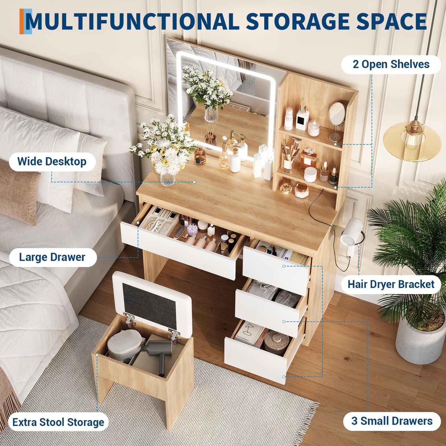 Vanity Desk with Mirror and LED Light, Vanity Desk with 4 Drawers, Power Outlet, Storage Stool, Open Shelves, Hairdryer Holder, Adjustable 3 Lighting Mode, Makeup Vanity Set for Bedroom, Wood Color
