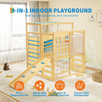 Garvee 9-in-1 Indoor Jungle Gym, Montessori Wooden Indoor Playground for Kids 2-8, Wooden Climbing Structure with Slide, Monkey Bars, Rope Ladder, Rock Wall, Climbing Net, Rings - Natural Wood Blue