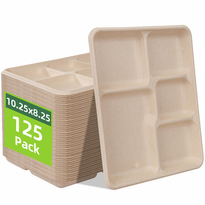 WELLIFE 125 Pack Kids Small 5-Compartment Paper Plates, 10.25x8.25 Inch 100% Compostable Divided Plates, Disposable School Lunch Trays, Eco-Friendly Bagasse Plate for Boys Girls and Youth (BPA Free)