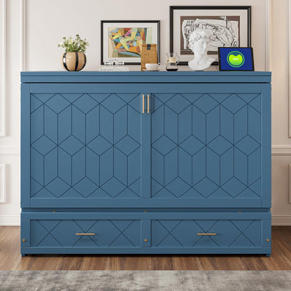 Merax Queen Size Murphy Cabinet Bed with Storage Drawers, Wall Murphy Bed with a Set of Sockets & USB Ports, Folding Platform Bed for Small Room