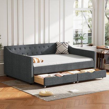 Ball & Cast Full Size Daybed with Two Storage Drawers,Linen Upholstered Day Bed Frame with Button Tufted and Waved Shape Arms, Wood Slat Support,No Box Spring Needed,Dark Grey