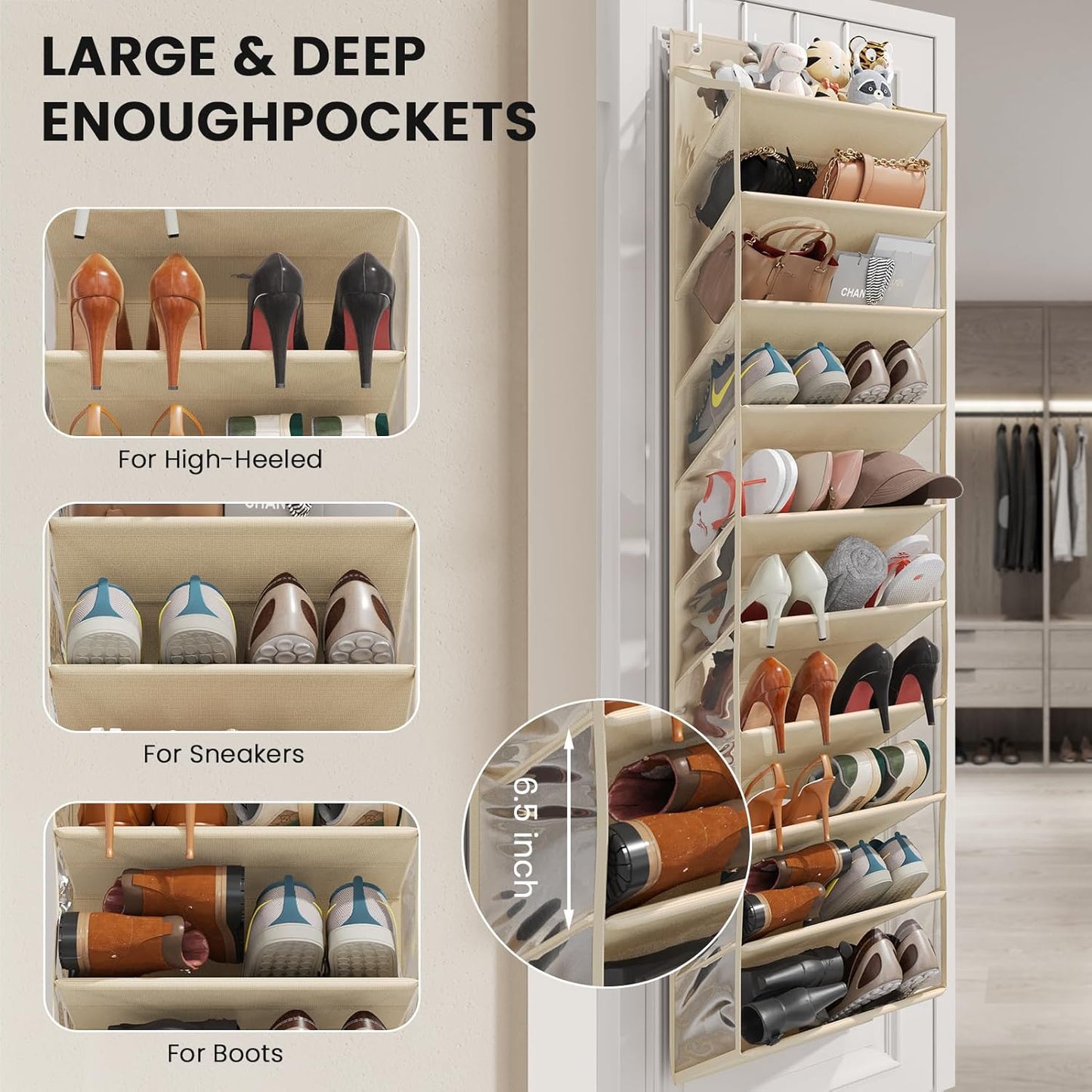 20-25 Closet 10-Tier Pairs Over the Door Shoe Organizer, Clear Pockets Shoe Rack for Door, Hanging Shoe Rack for Boots