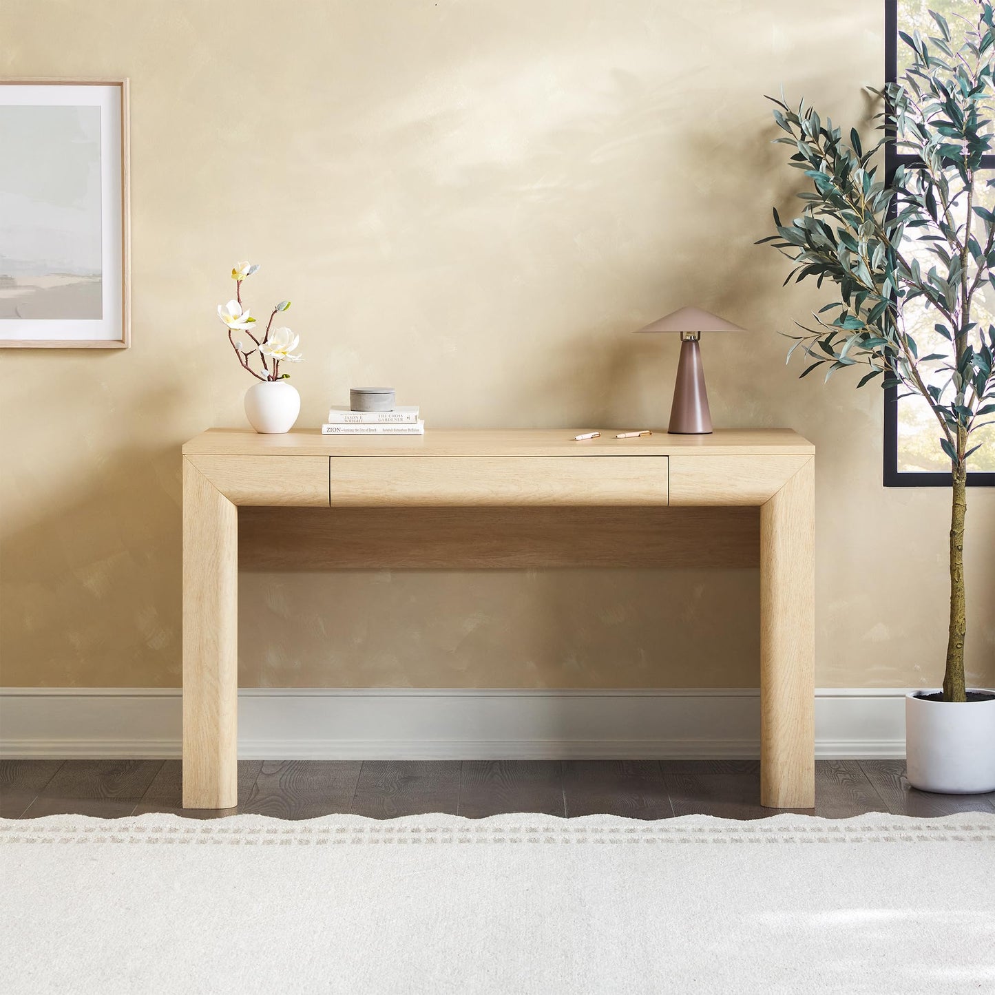 Walker Edison Amira Modern MDF Waterfall Writing Desk with a Built-in Storage Drawer, 52 Inch, Light Ash