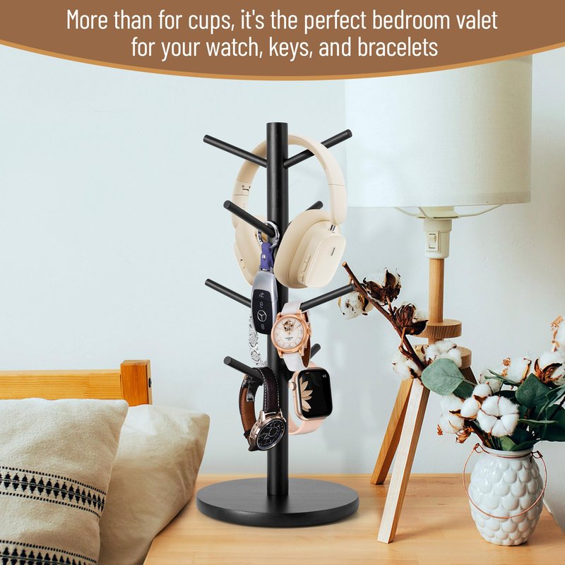 MyLifeUNIT Mug Holder Tree, 360° Rotated Coffee Cup Holder with 8 Hooks, Wooden Mug Rack Stand for Counter Top, Coffee Bar Accessories (Black)