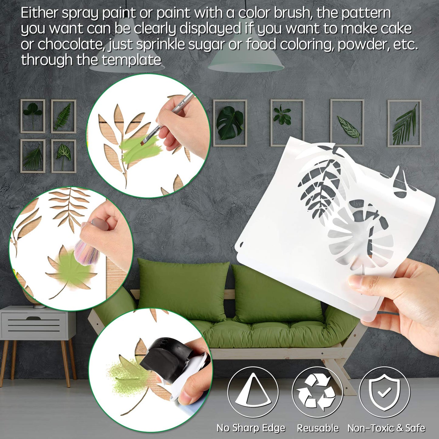 12 Pieces Tropical Fern Leaf Painting Stencils Large Reusable Palm Turtle Leaf Wall Stencil Flexible Botanical Leaves Template Set Crafts for Furniture Canvas Wood Plank (6 x 12 Inches)