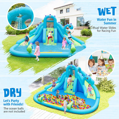 BOUNTECH Inflatable Water Slide Park with Dinosaur, Double Slides Mega Water Park Bounce House with Climbing Wall, Bouncy Castle for Outdoor Backyard, Blow up Water Slides Inflatables for Big Kids