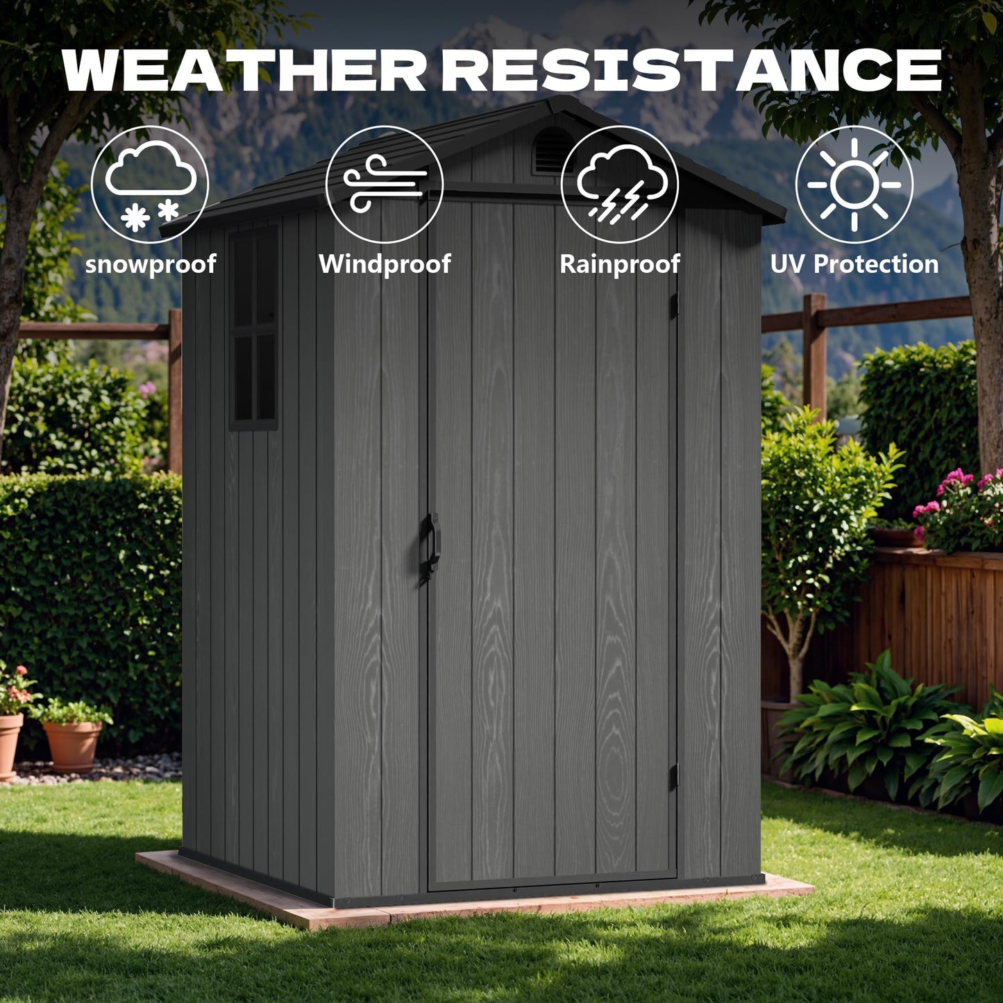 Devoko 4×4 FT Resin Storage Shed with Floor, Plastic Outdoor Garden Shed with Windows and Lockable Doors, Waterproof Outside Tool Sheds for Patio Backyard Lawn, Dark Gray