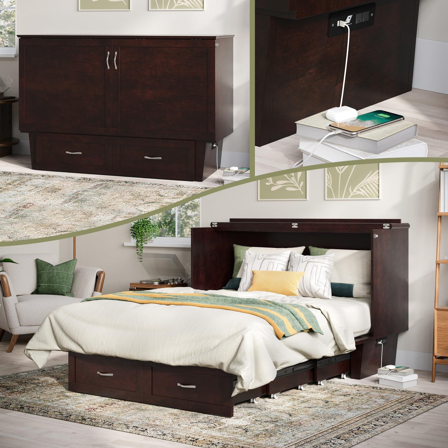 AFI, Chelsea Mid-Century Modern Queen Solid Wood Murphy Bed Chest with 6" Mattress, Storage Drawer & Built-in USB Charger, Espresso
