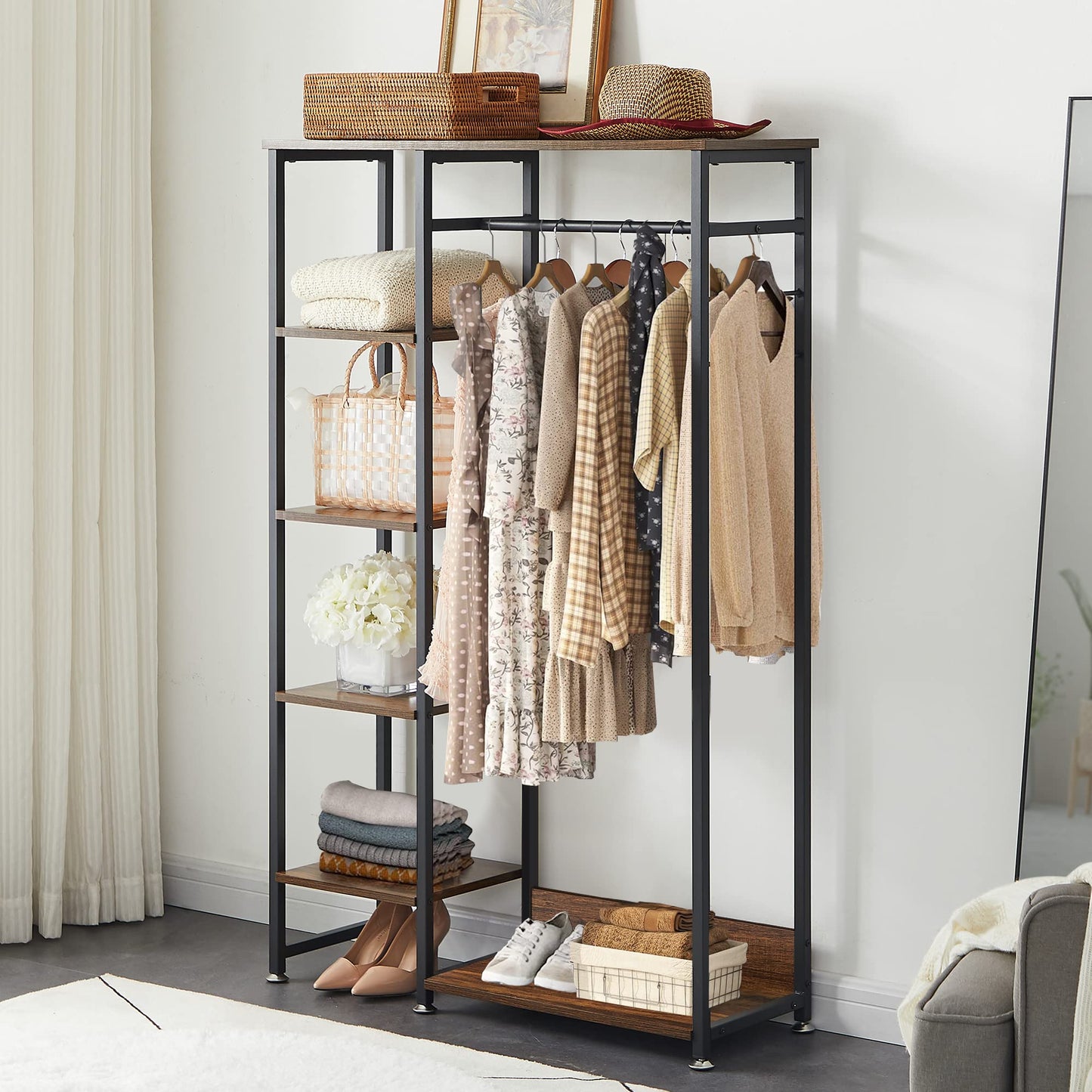 VECELO Open Garment Clothing Rack, Free-Standing Heavy Duty Storage Closet with 5 Shelves and Hanging Rod for Small Spaces, Max Load 350LBS, Brown