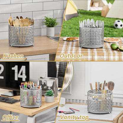 Rotating Utensil Holder for Kitchen - Silverware Caddy Fast-Drying Flatware Organizer 4 Compartment Large Cutlery Holder Utensils Caddy with Handle For Kitchen Countertop Party Picnic Table Silver