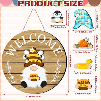 Seasonal Gnome Wall Decor Set, 11.8 inch Autumn Wooden Round Sign with Interchangeable Holiday Hats, Thanksgiving Welcome Door Hanging (Light brown-3)