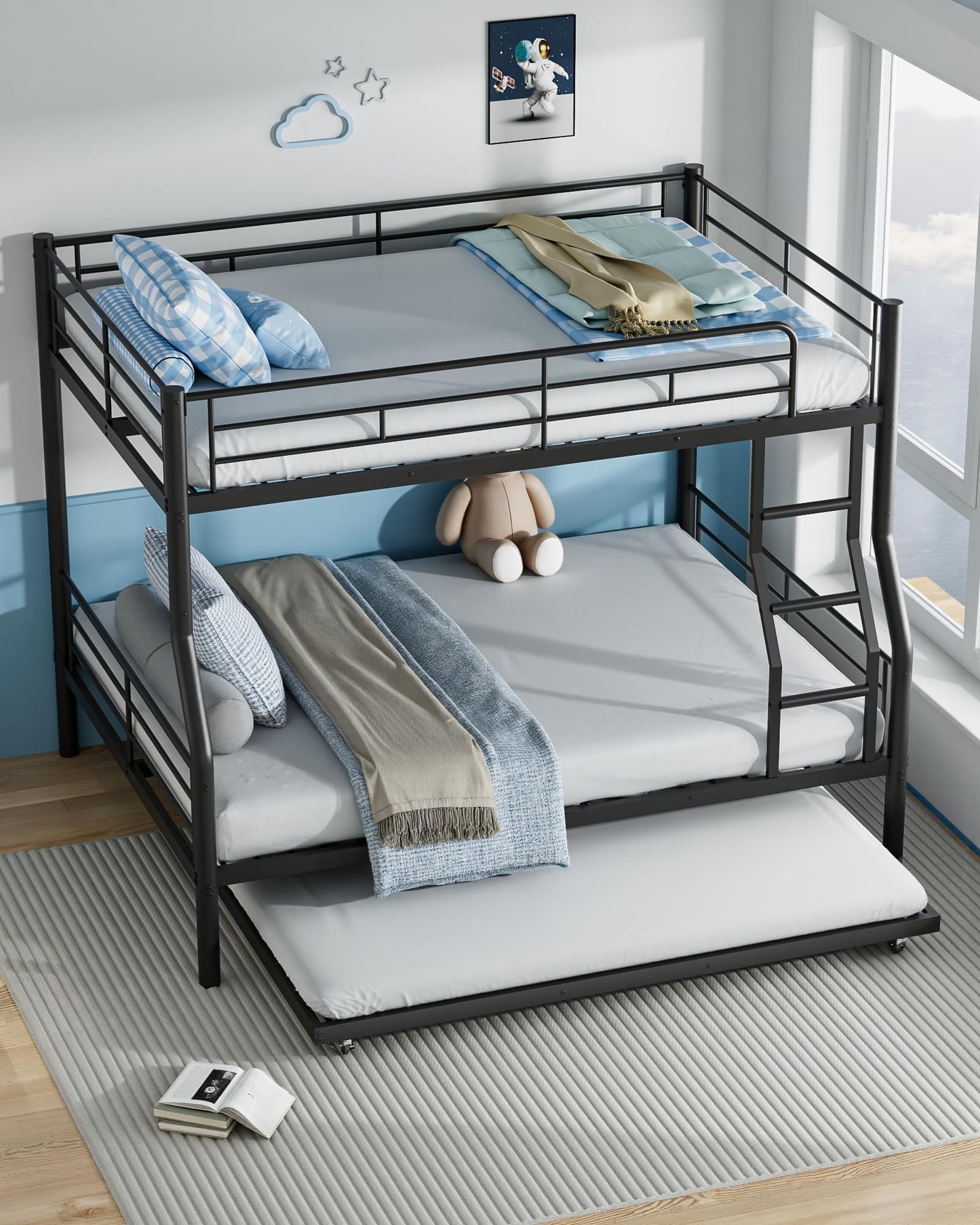 Mixcous Full XL Over Queen Bunk Bed with Trundle, Heavy-Duty Metal Bunk Bed w/Full-Length Guardrail & EVA Padded Ladder, Convertible to 3 Separate Beds for Adults, Teens, Noise-Free, Black