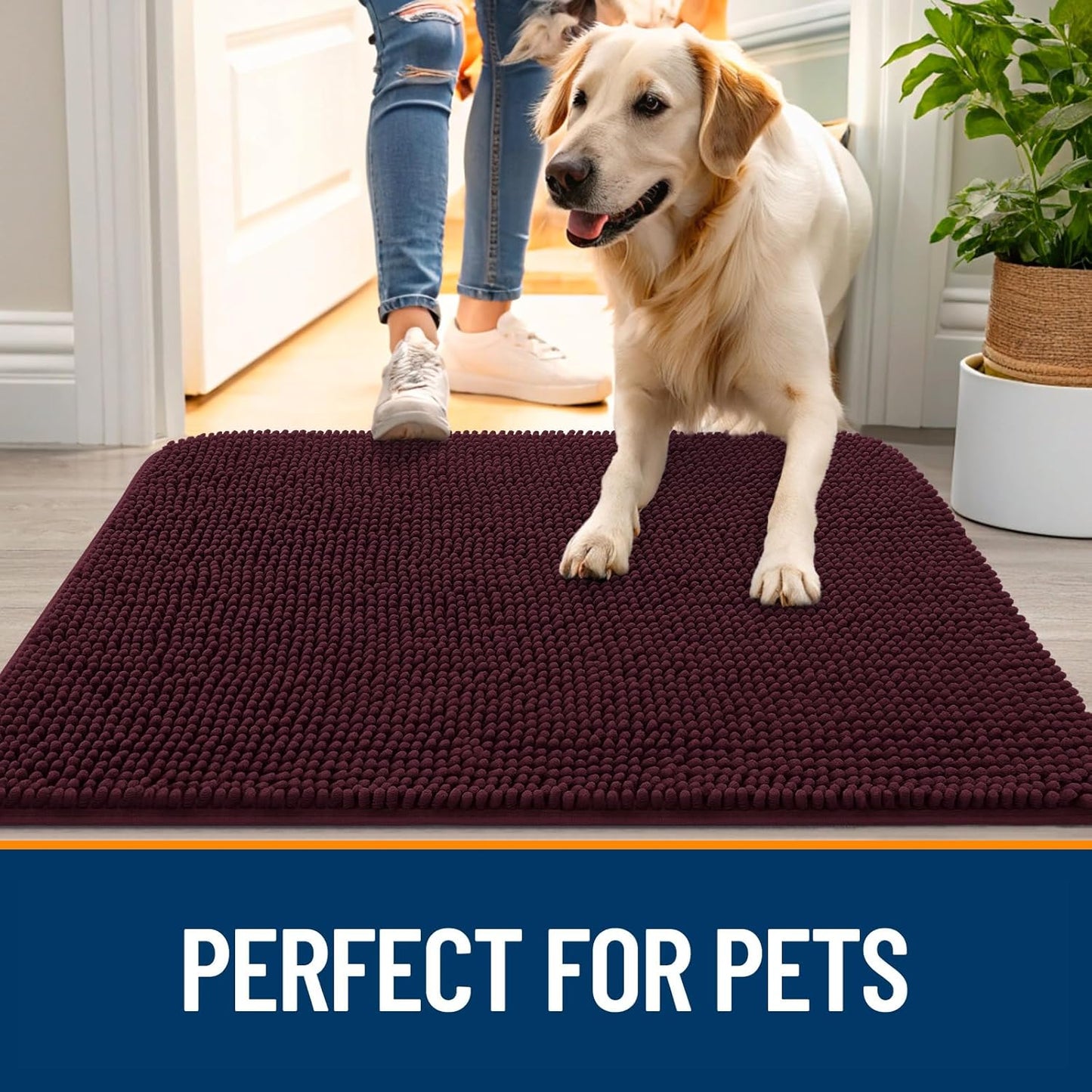 OLANLY Dog Door Mat - Absorbent Non-Slip Chenille Mud Mat for Muddy Paws | 47x32, Quick Dry, Russet
