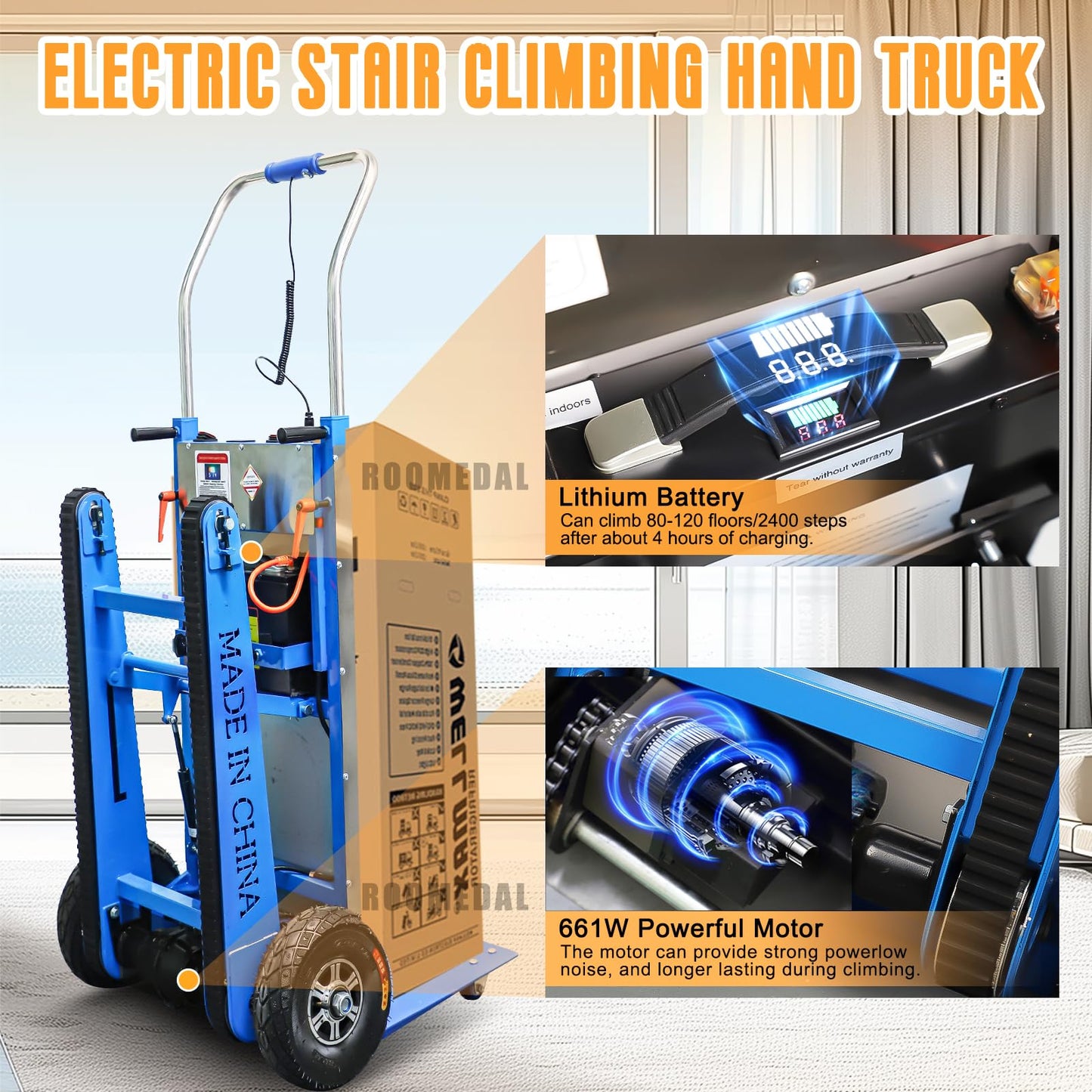 ROOMEDAL Electric Stair Climbing Dolly, 661lb 600W Powered Electric Stair Climbing Hand Trucks Dolly Cart with Rubber Tracks for Moving, Heavy Duty Stair Climber (Pure Blue)