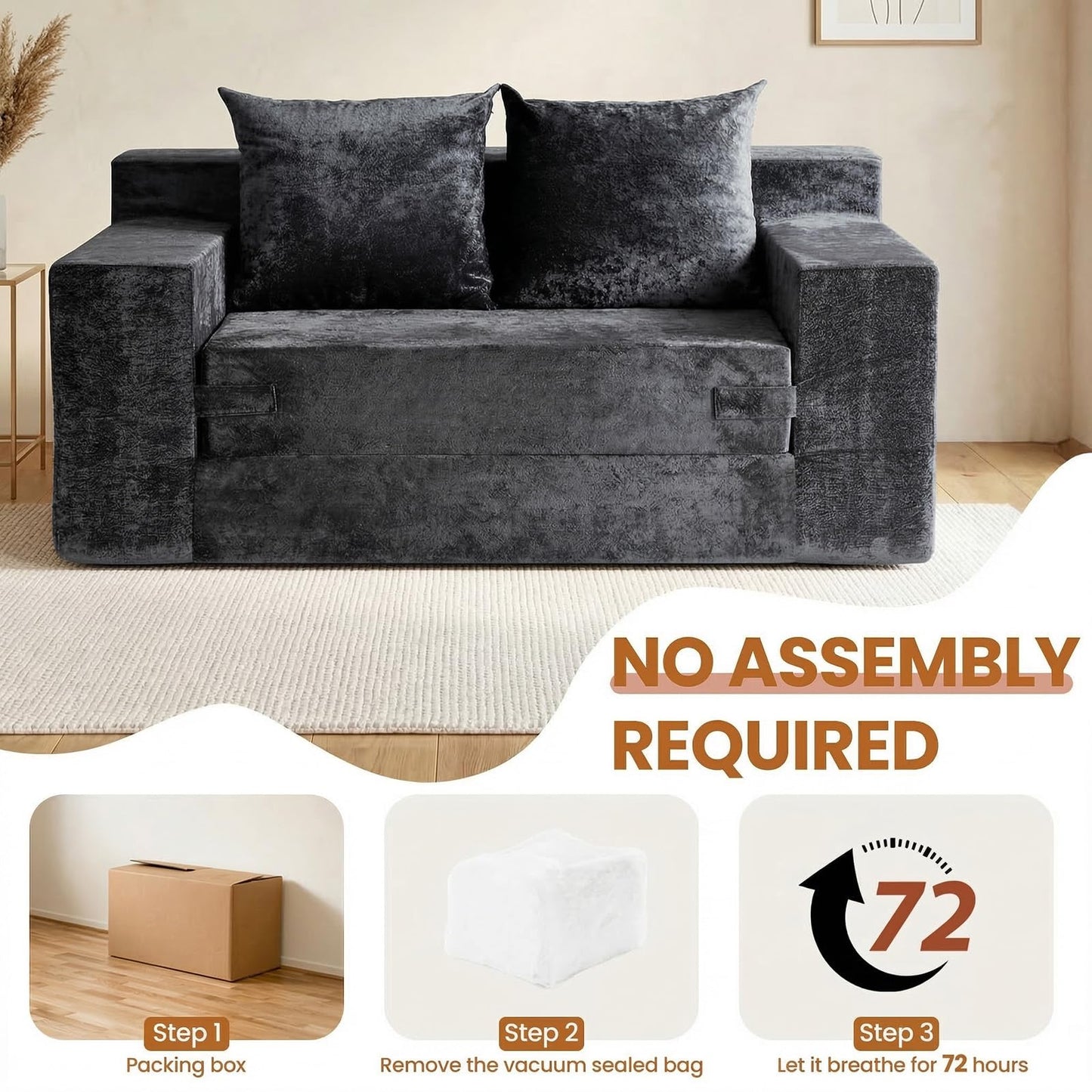 Loveseat Sofa Bed, Convertible Silky Velvet 5-in-1 Foldable Boneless Sleeper Couch, Pull Out Floor Futon Sofa with 4 Pillows, No Assembly Multi-Functional Sofa for Living Room Bedroom Small Apartment