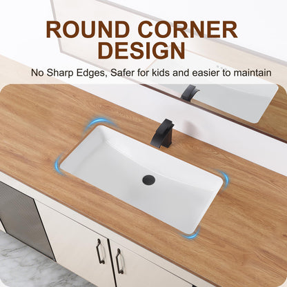 DEHOMEN 32 inch Undermount Bathroom Sink with Overflow for Shared Bathroom, Large Rectangular Single Bowl Vanity Basin For Modern Master Suite Double Faucet Setup, Porcelain Lavatory Vessel,White