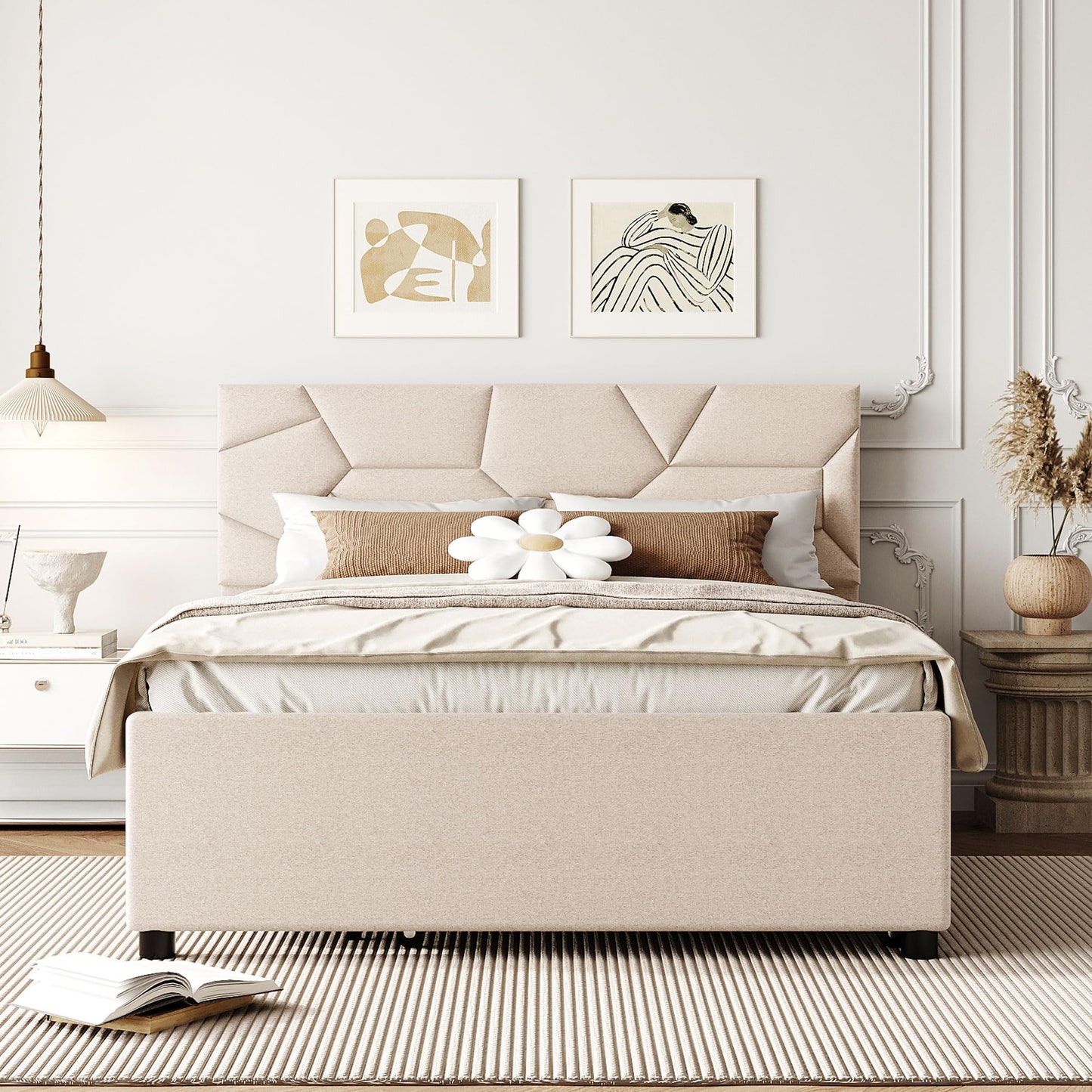 Brisca Full Size Linen Upholstered Platform Bed with Brick Pattern Headboard and Twin Size Trundle,Bed Frame W/ 10 Wooden Slats & 4 Supporting Legs,for Bedroom,Apartment,Guest Room,Beige