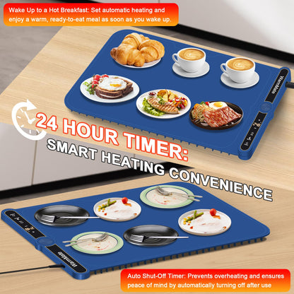 WarmMate Food Warming Mat，Electric Warming Tray with 9-Level Temperature Precision Control, 6H Timer,8s Full Surface Rapid Heating, Ideal for Buffets, Parties & Gatherings (Roll-Up Design，Dark Blue)