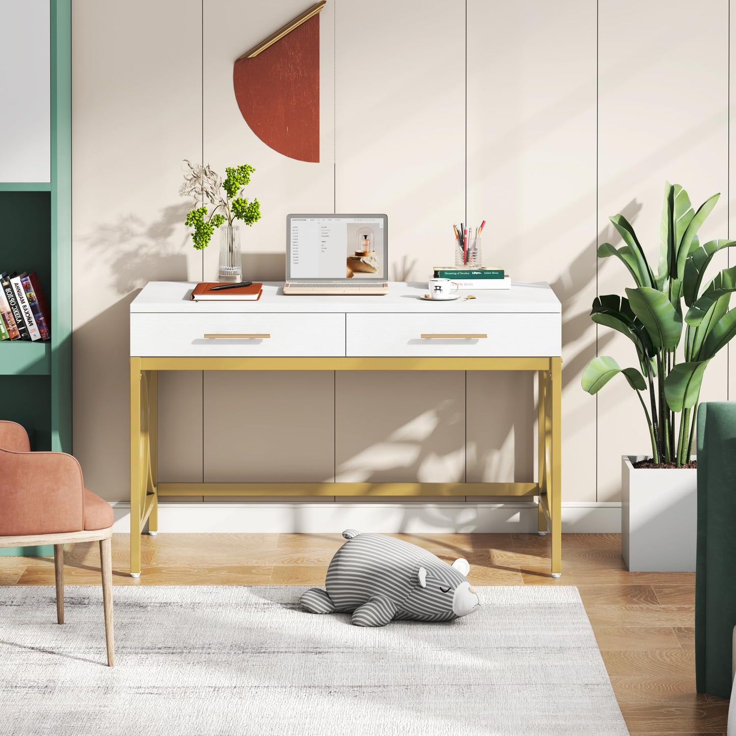 LITTLE TREE 41" Computer Desk with Two Drawers, Modern Study Writing Desk with Storage, White Makeup Vanity Table Office Desk with Gold Metal Frame for Home Office
