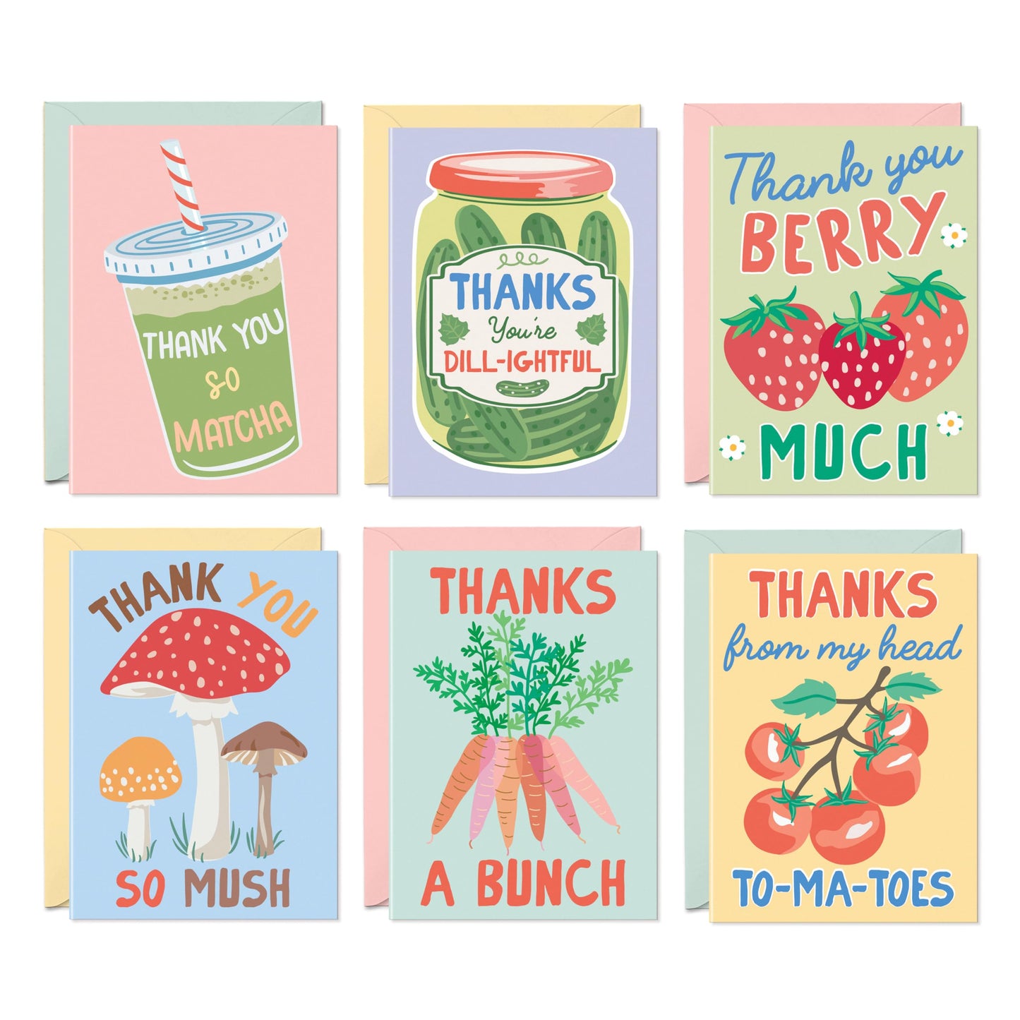 Sweetzer & Orange S&O Funny Thank You Cards – 24 Punny Blank Cards with Envelopes – 6 Cute Card Design – 4x5.5 Appreciation Note Cards – Glossy Outside, Matte Inside – Pink, Green & Yellow Envelopes