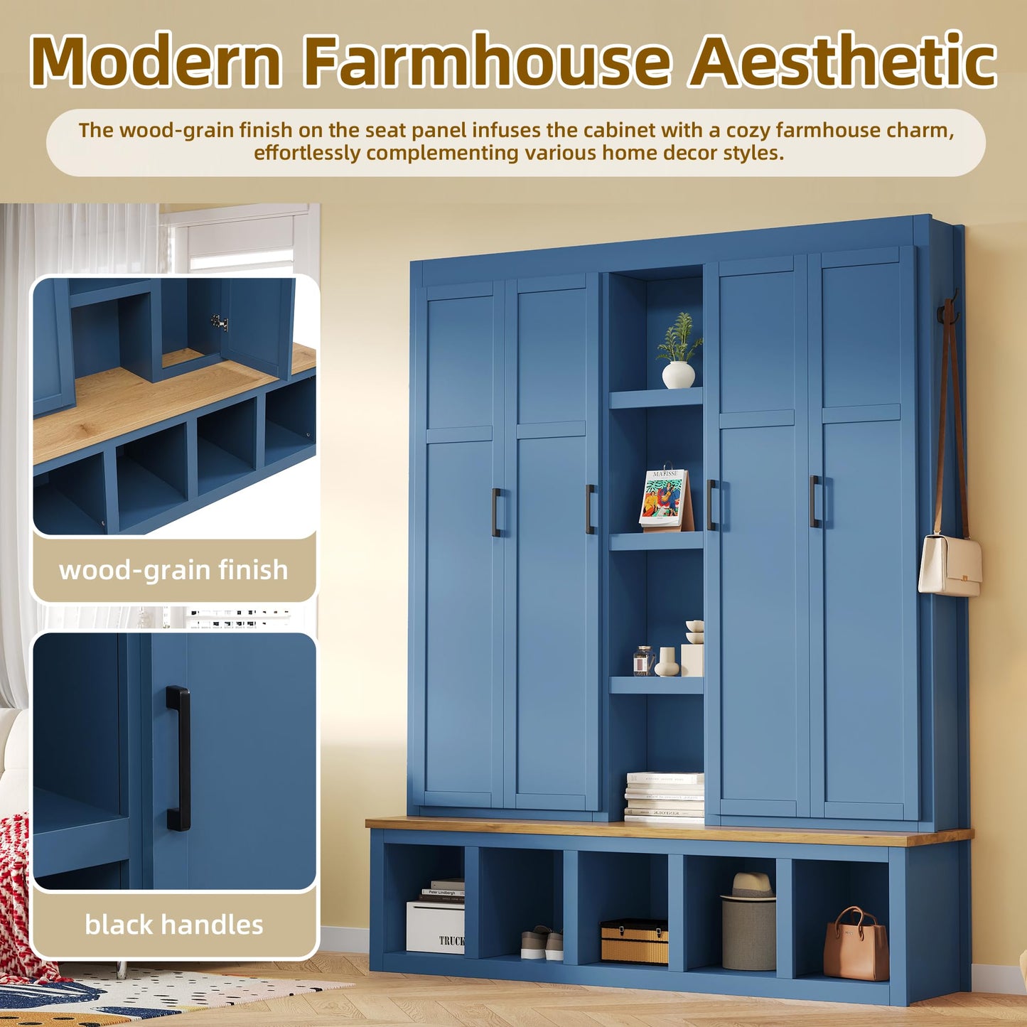 Virubi 4-in-1 62.9" Wide Hall Tree with Bench and Shoe Storage, Farmhouse Wood Entryway Bench with Coat Racks, Doors, 6 Hooks and Storage Shelves for Living Room (Blue)
