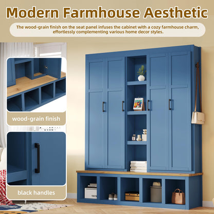 Virubi 4-in-1 62.9" Wide Hall Tree with Bench and Shoe Storage, Farmhouse Wood Entryway Bench with Coat Racks, Doors, 6 Hooks and Storage Shelves for Living Room (Blue)