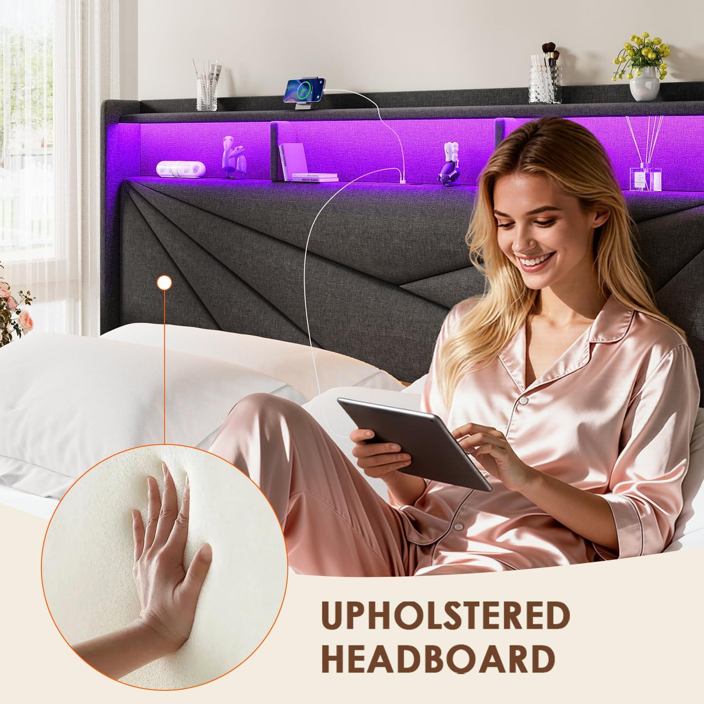 Driftalia King Size Bed Frame with 2-Tier Storage Headboard, Upholstered King Bed Frame with 2 Drawers, Charging Station and LED Lights, No Box Spring Needed, Easy Assembly - Dark Grey