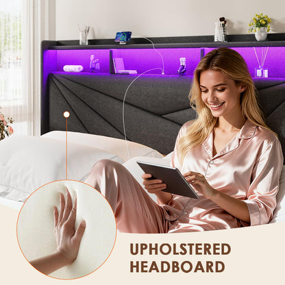 Driftalia King Size Bed Frame with 2-Tier Storage Headboard, Upholstered King Bed Frame with 2 Drawers, Charging Station and LED Lights, No Box Spring Needed, Easy Assembly - Dark Grey