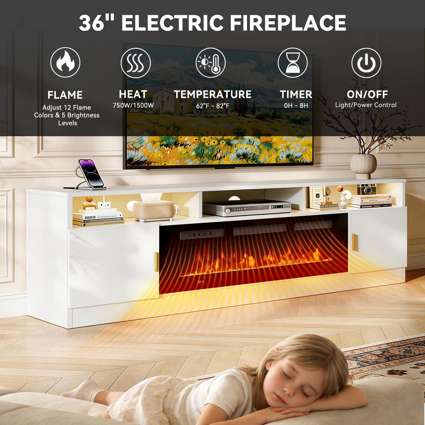 OneBlis 80" Fireplace TV Stand with Power Outlet, Electric Fireplace Entertainment Center with Storage Cabinets, Fits TVs up to 90", TV Console with LED Lights for Living Room, Office, White-Black