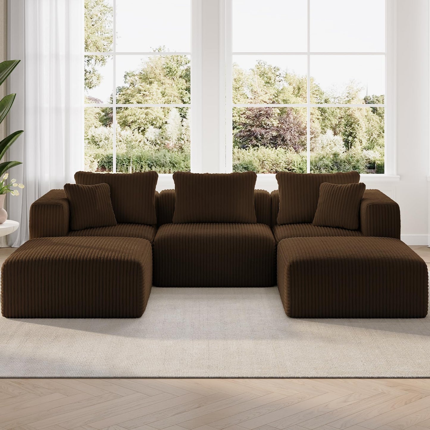 Novilla 106" Modular Sectional Sofa, Modern Cloud Sectional Couch with Smarts Coil® Support, U-Shape Boneless Couch for Living Room Apartments, No Assembly Required, Brown (3 Seat w/ 2 Ottoman)