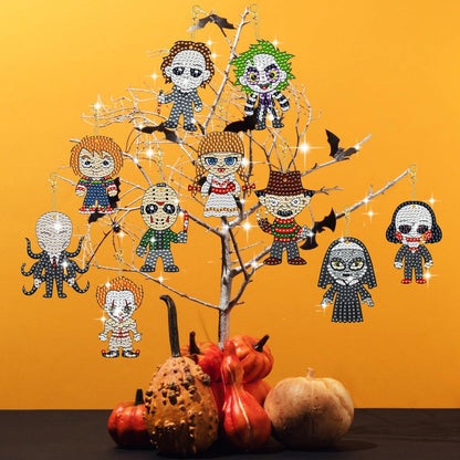 WEUOPG 10 Pcs Halloween Diamond Art Keychains, Horror Movie Diamond Painting Keychains for Crafts, Creative Festival Decoration, Double Sided Hanging Pendants for Decorations