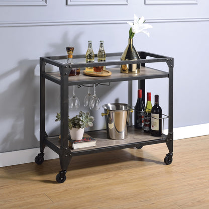 Qwtrvlizi Rustic Oak and Charcoal 2-Shelf Serving Cart