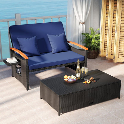 Tangkula Patio Rattan Daybed with 4-Level Adjustable Backrest, Outdoor Wicker Loveseat with Acacia Wood Armrest, Storage Ottoman & Folding Tray, Double Sunbed for Yard & Poolside (Navy & Black)