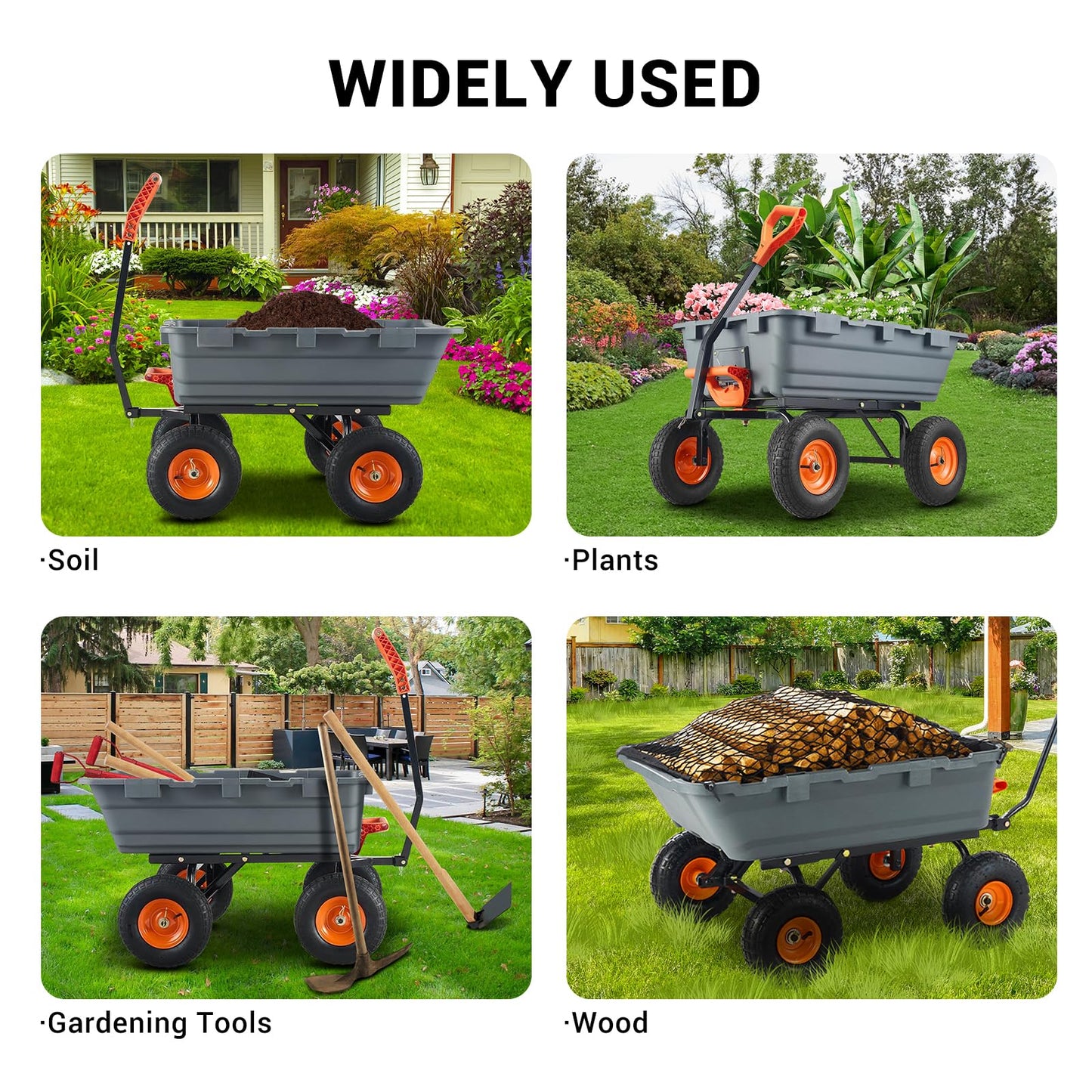 GarveeLife 800 LBS Poly Garden Dump Cart, Heavy-Duty Wheelbarrow with 10 in Tires, 180° Rotating Handle, Steel Frame and Quick Release System Garden Dump Cart for Soil Plants Gardening Tools Wood