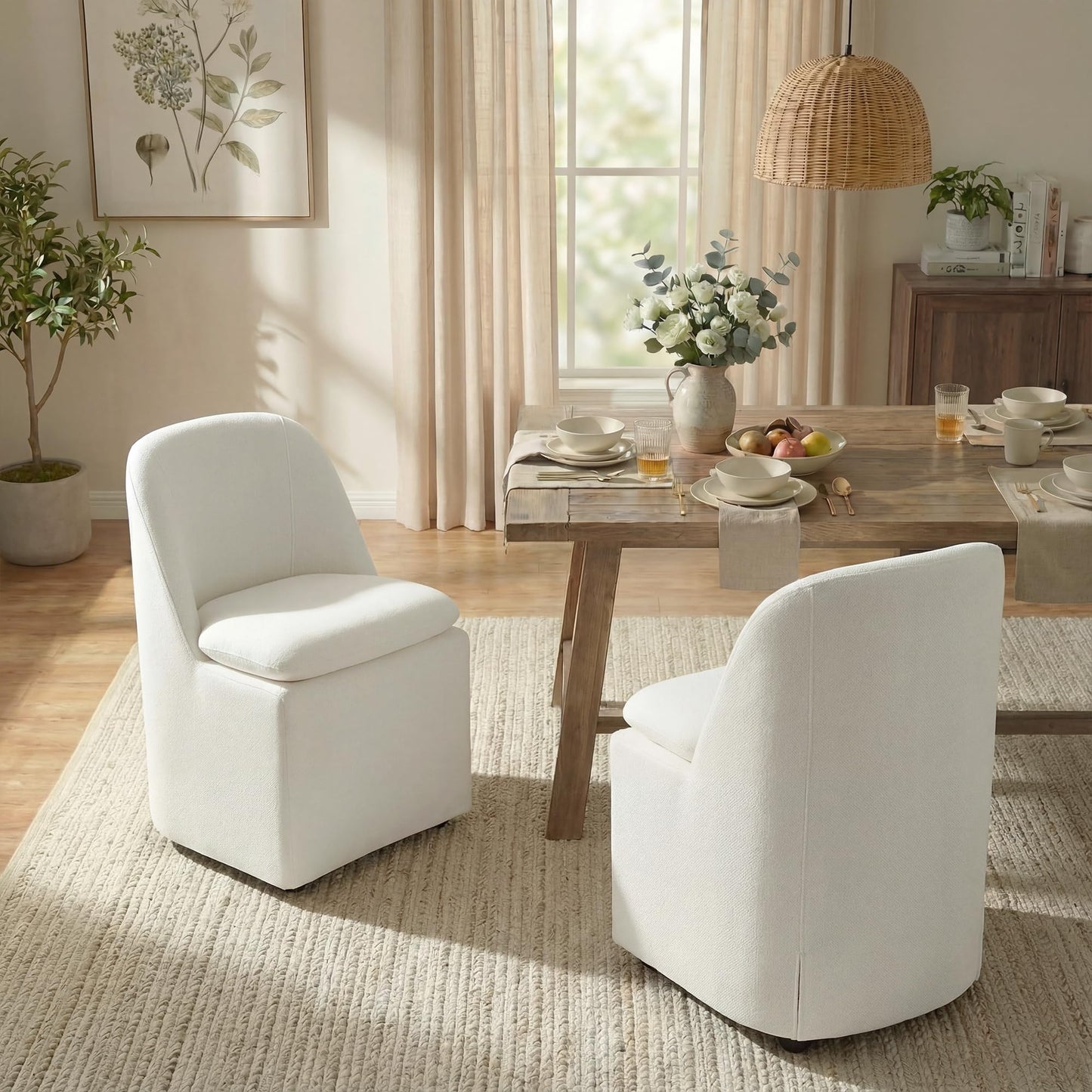 KISLOT Upholstered Dining Chairs with Casters, Washable Cover Modern Dining Room Chairs with Thick Cushion & Sturdy Metal Frame for Kitchen, Living Room, Dressing Room, Linen Fabric, Set of 4