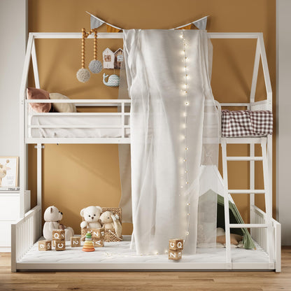 LIKIMIO Bunk Bed Twin Over Full Size, House Bunk Bed Frame with Ladder and Guardrail, House Shaped with Metal Slats Support No Box Spring Needed Space Saving for Bedroom and Dorm, White