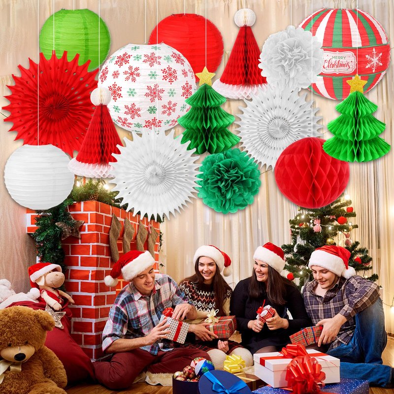Gilprop 17 Pcs Christmas Party Hanging Decorations Xmas Paper Lanterns Paper Winter Hanging Fans Christmas Honeycombs Paper Flower Balls for Xmas Holiday Party Yard Indoor Outdoor Home Decor Supplies