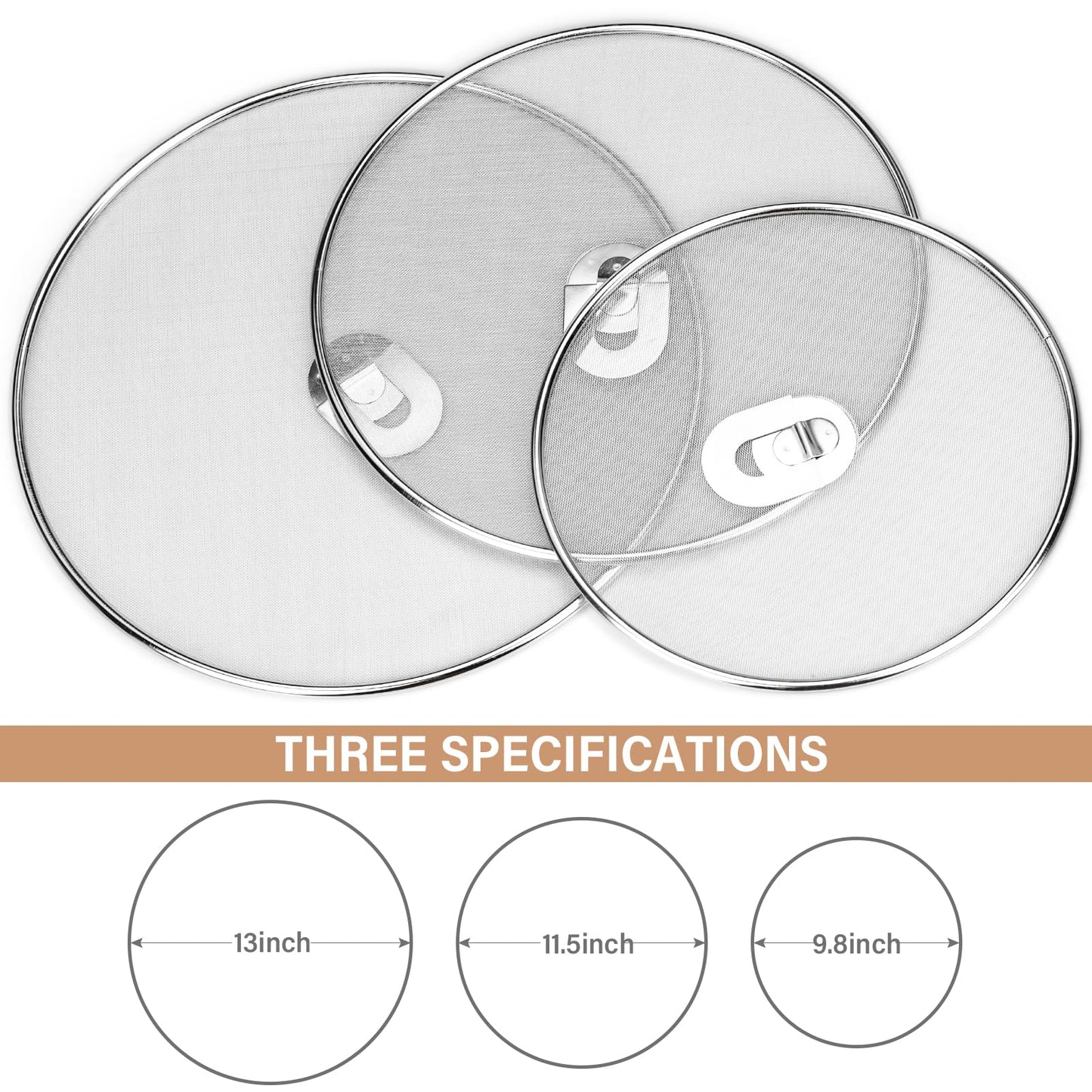 3 Pack Splatter Screen for Frying Pan 13" 11.5" 9.8" Stainless Steel Grease Splatter Guard Ultra Fine Mesh Lids with Fold Flat Knob Set for Prevent Oil Splatter