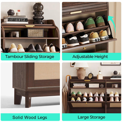 LINSY Shoe Storage Cabinet, Rattan Shoe Cabinet Flip Drawer Shoes Rack Cabinet with Sliding Tambour Door, Large Shoe Cabinets Mid Century Modern Hidden Shoe Storage Organizer for Entryway, Walnut