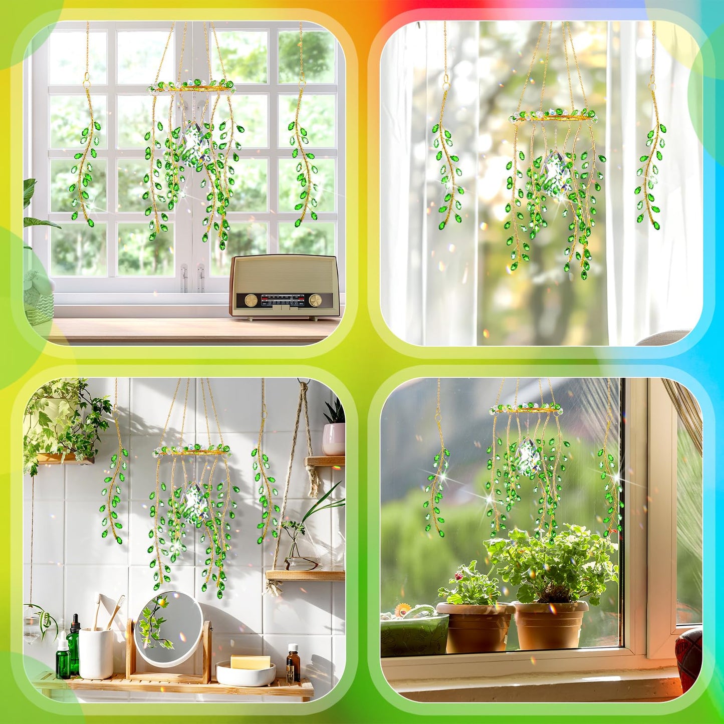 Suncalla 3 Pcs Crystal Suncatchers for Window Boho Decor Plant Sun Catchers Green Plants Artificial Hanging Wind Chime Sun Catchers with Chain Making Rainbow Indoor Outdoor Decor Plant Lover Gift